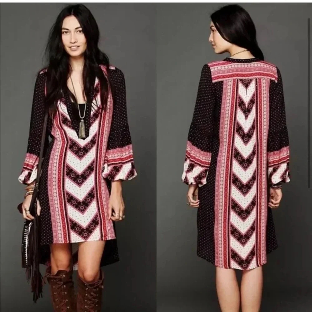 Free People - Printed Voile Peacemaker boho dress long sleeves - high low - sm - Picture 3 of 11